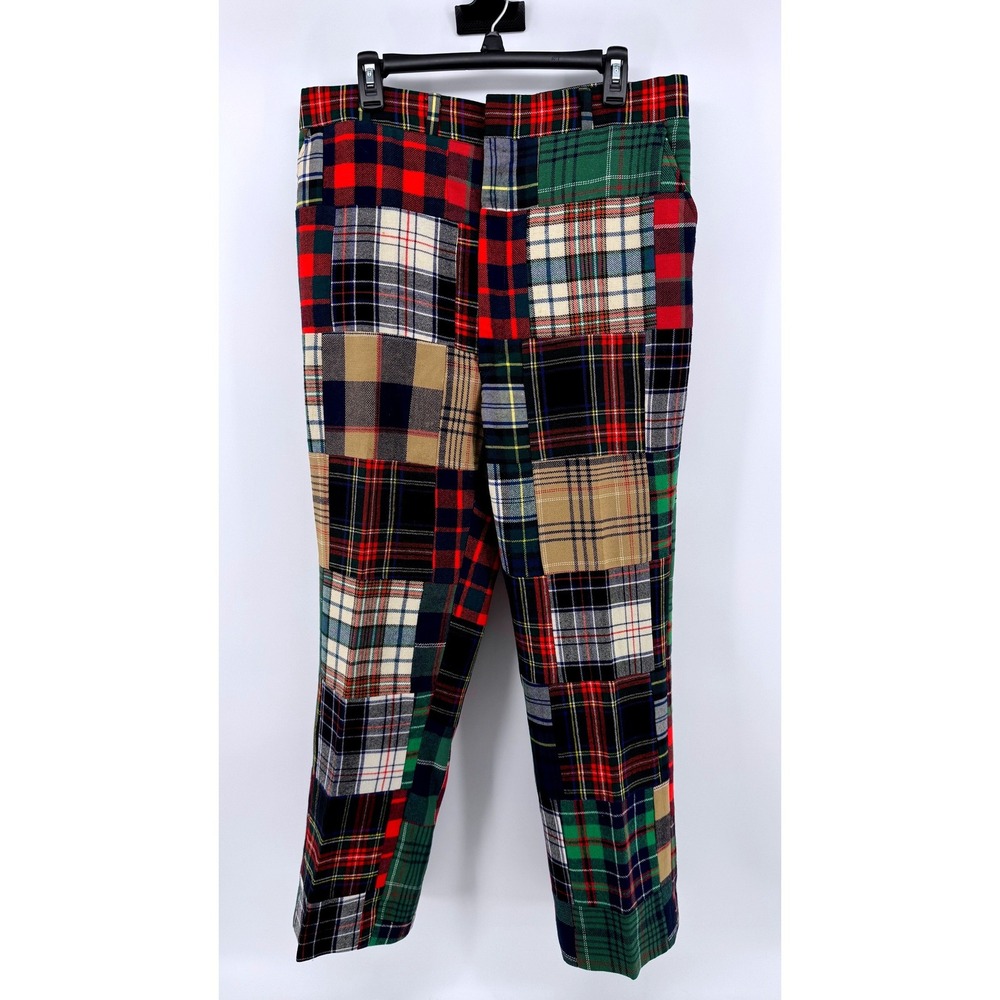 Vtg Patchwork Red Green Plaid Wool Trousers 36x30 Tartan Straight Pants Lined